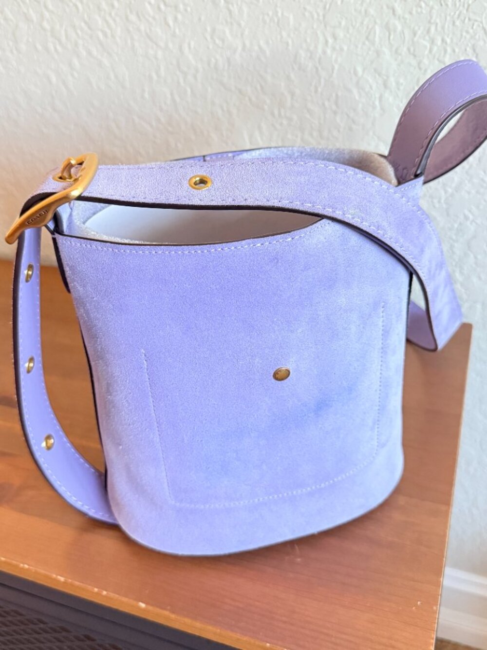 Coach Bleecker Bucket Bag 21 Violet Mist Suede Lavender Brass Removable Pouch - Picture 14 of 14